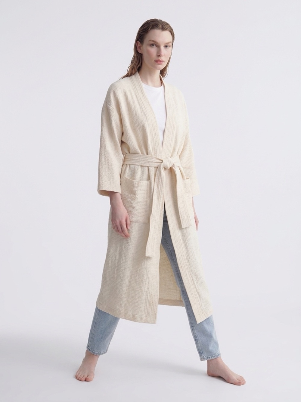 NWOT H&M Cream Size 12 Kimono Textured Robe with Belt